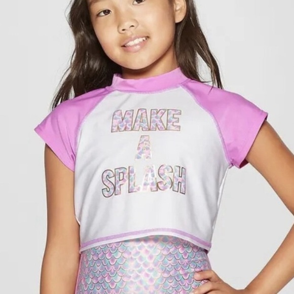 Girls’ ‘Make a Splash’ Mermaid Rashguard Swim Top - Picture 1 of 5